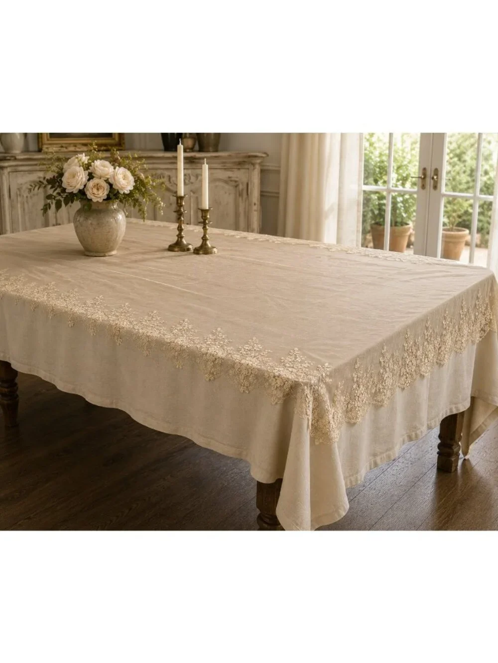 Vintage Champagne Lace Tablecloth 60 x 115 Floral Embroidered Tulle Overlay